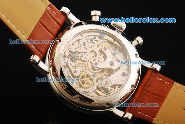 Patek Philippe Chronograph Swiss Valjoux 7750 Manual Winding Movement Steel Case with White Dial and Brown Leather Strap - Click Image to Close